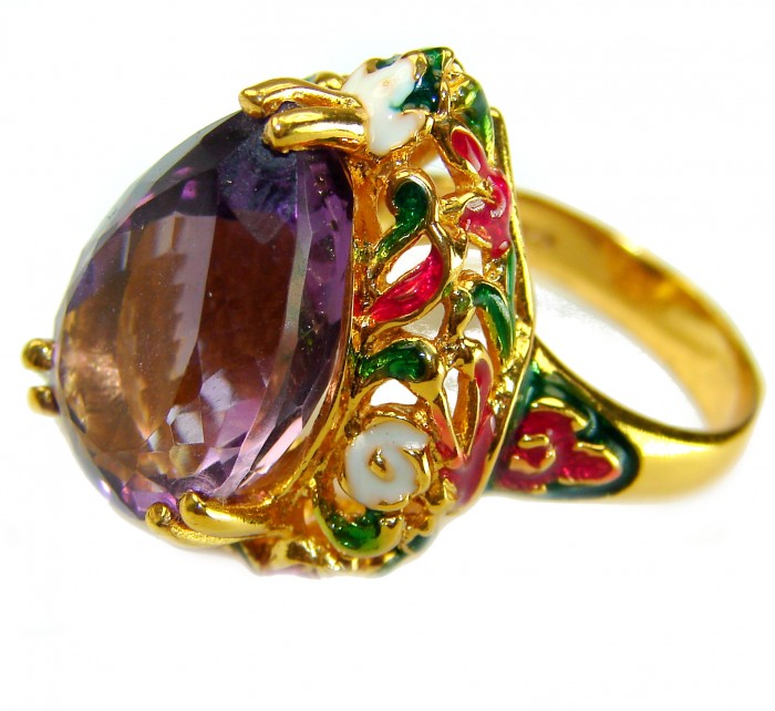 Purple Cascade 14.5 carat Purple Amethyst Enamel 22K Gold over .925 Sterling Silver Handcrafted Ring size 6 - Close-up of Purple Amethyst ring in 22K gold with enamel details