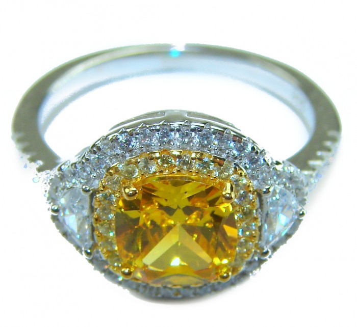 Assher cut 6.2 carat yellow Sapphire .925 Sterling Silver brilliantly handcrafted ring s. 6 1/4 - Close-up of asscher cut yellow sapphire ring in sterling silver.