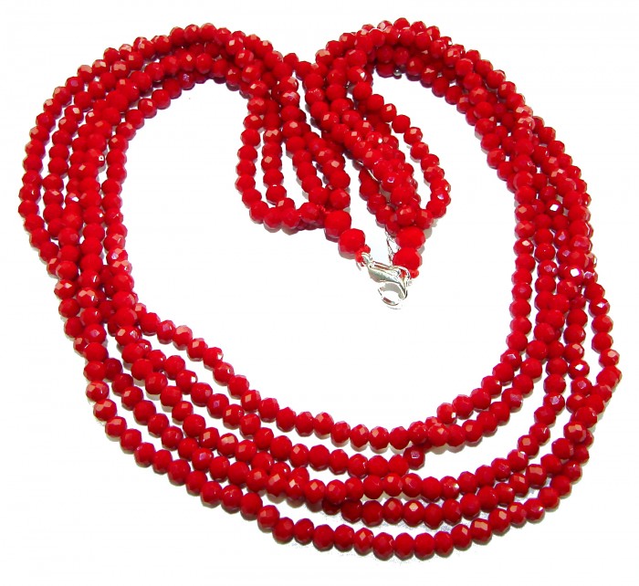 ESTANCIA Sublime natural Red Fossilized Coral Sterling Silver handmade Necklace - Red fossilized coral necklace, clasp detail, multiple strands displayed