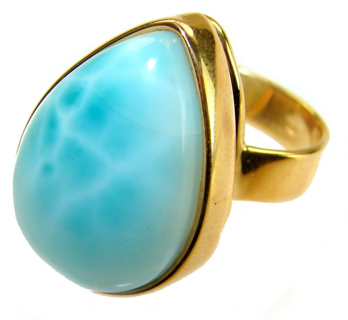 Large 22.9 carat Blue Perfection Blue Larimar .925 Sterling Silver handmade Large ring size 8 adjustable - Close-up of a large Blue Larimar ring in gold setting