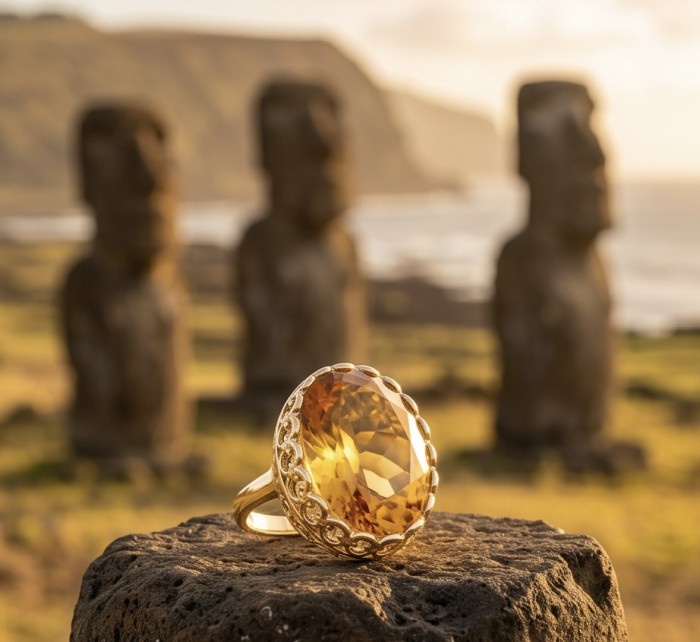 GIOVANNA 48.8 carat Genuine oval CUT Heliodor rhodium over .925 Sterling Silver handcrafted ring size 10 - Close-up of 48.8 carat oval Heliodor ring with Moai statues in background.