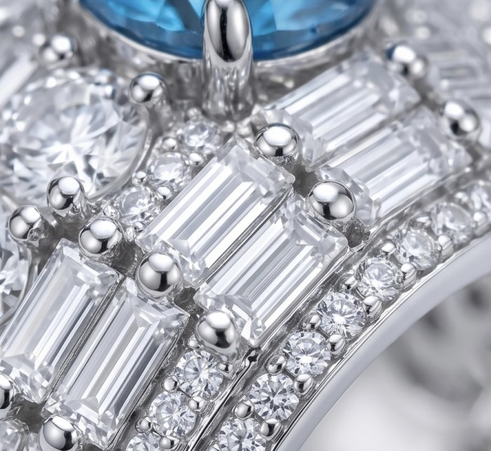 Art Deco Blue Treasure 4.8 carat London Blue Topaz .925 Sterling Silver handmade Statement Ring size 6 - Close-up of Art Deco ring with diamonds and blue topaz stones.