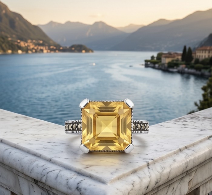 Golden Treasure 12.5 carat Brazilian Citrine Marcasite .925 Sterling Silver Handcrafted Ring size 7 - Citrine ring with marcasite detail on marble ledge by a lake.