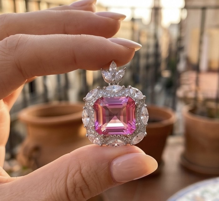 Vintage style boquette cut 12.8 carat Pink Sapphire .925 Sterling Silver DIPPED IN RHODIUM handmade Pendant - Close-up of vintage style pink sapphire pendant held between fingers