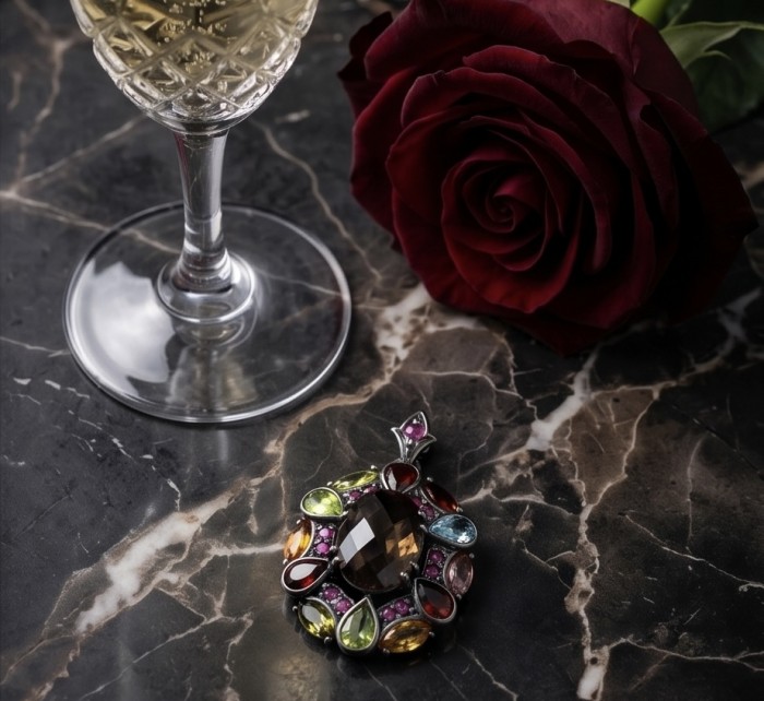 Vinatge Traesure Authentic 10.5 carat carved Smoky Topaz black rhodium over .925 Sterling Silver handmade Statement Pendant - Overhead view of 10.5 carat Smoky Topaz pendant with a rose and wine glass.
