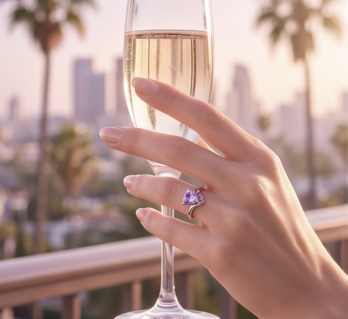 Purple Queen trillion cut 5.2 carat Amethyst .925 Sterling Silver Handcrafted Ring size 9 - Amethyst ring worn on hand holding champagne glass with cityscape background.