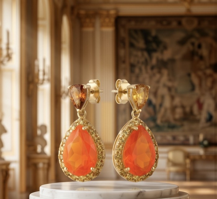 Summer Exuberance natural 10.5 carat Orange Carnelian 22K Gold over .925 Sterling Silver handmade earrings - Close-up of Summer Exuberance orange carnelian earrings on display