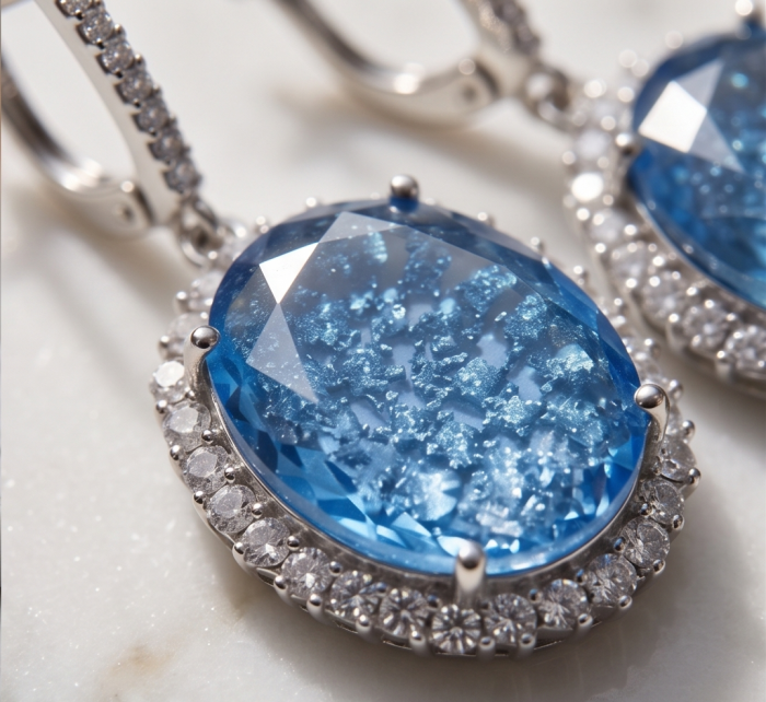 Angelina 14.9 carat authentic Swiss Blue Topaz .925 Sterling Silver Handcrafted Earrings - Close-up of Angelina Swiss Blue Topaz earrings with diamond accents