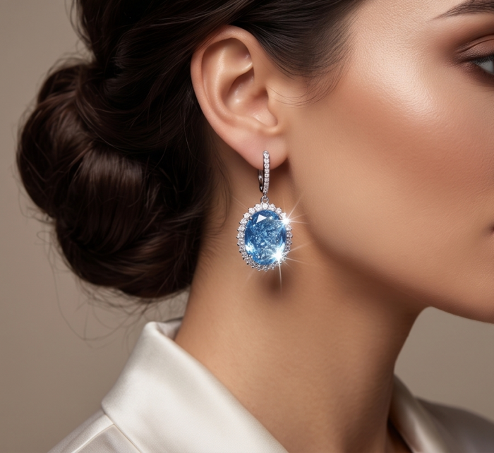 Angelina 14.9 carat authentic Swiss Blue Topaz .925 Sterling Silver Handcrafted Earrings - Side view of Angelina 14.9 carat Swiss Blue Topaz earring worn.