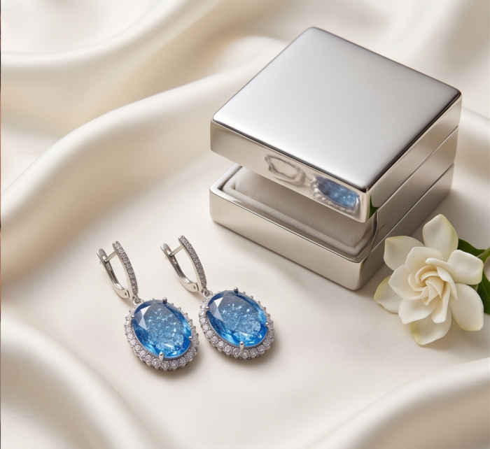 Angelina 14.9 carat authentic Swiss Blue Topaz .925 Sterling Silver Handcrafted Earrings - Angelina Swiss Blue Topaz earrings on satin with gift box, top view.