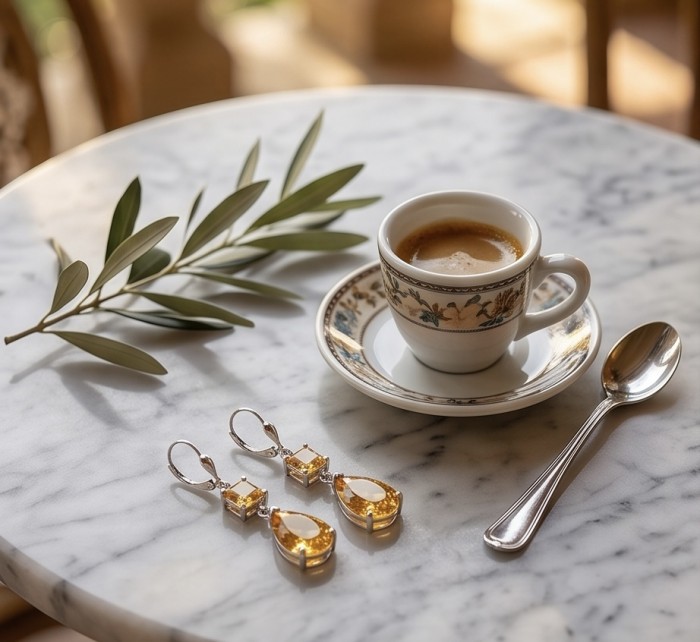 Victoria Authentic 14.5 carat Brazilian Citrine .925 Sterling Silver brilliantly handcrafted Statement earrings - Citrine earrings on marble table with coffee, side view