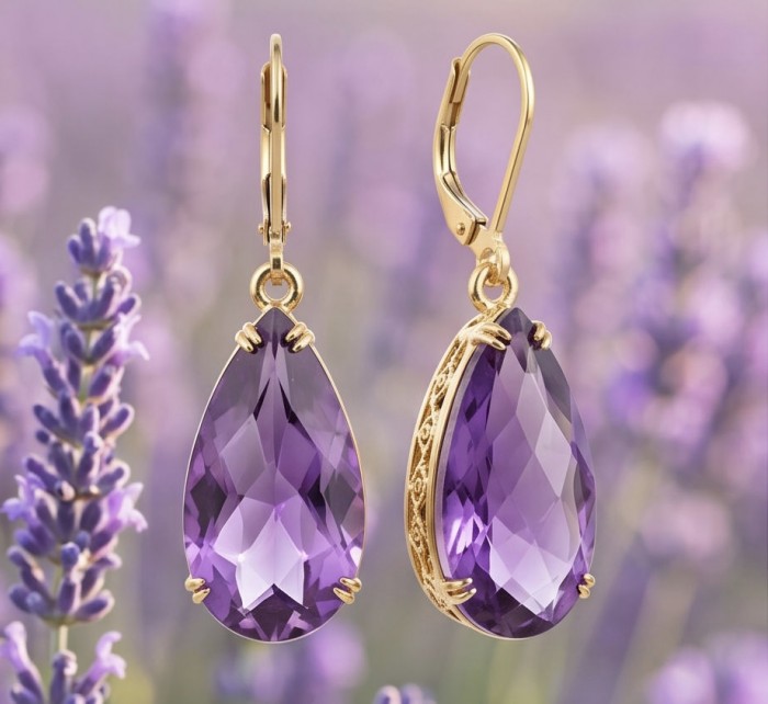 Natural 22.6 carat fancy pear cut Amethyst 14K Gold over .925 Sterling Silver handmade earrings - Amethyst earrings close-up with gold detailing against lavender background.