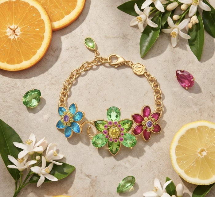 35.2 carat Blooming Garden Natural multicolot Topaz 14k Gold over .925 Sterling Silver handcrafted Statement Bracelet - Top view of 35.2ct Blooming Garden Topaz bracelet with citrus slices.