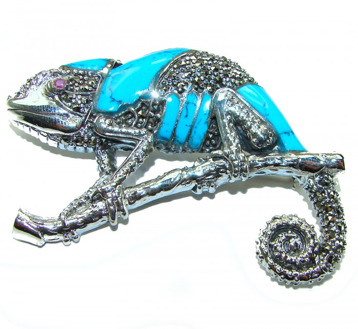 Spectacular Big Chameleon Lizard inlay Turquoise .925 Sterling Silver handmade Brooch - photo 4