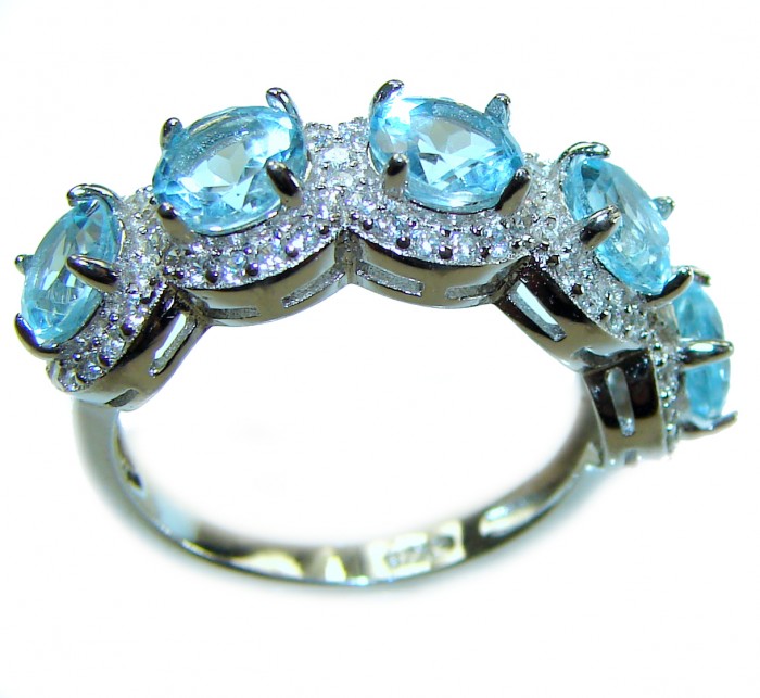 Divine Ocean 8.5 carat Swiss Blue Topaz .925 Sterling Silver Handcrafted Ring size 6 - Side view of Swiss Blue Topaz sterling silver ring with multiple stones.