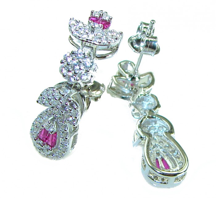 Beauty of Nature- natural 4.5 carat Ruby .925 Sterling Silver handmade Statement Earrings - Dangling earrings with rubies and crystals, front and side view.