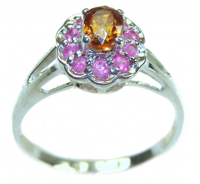 Blooming Rose 1.5 carat Orange Sapphire .925 Sterling Silver handmade Statement ring; s. 8 - Orange sapphire ring in sterling silver, top view with pink stones.