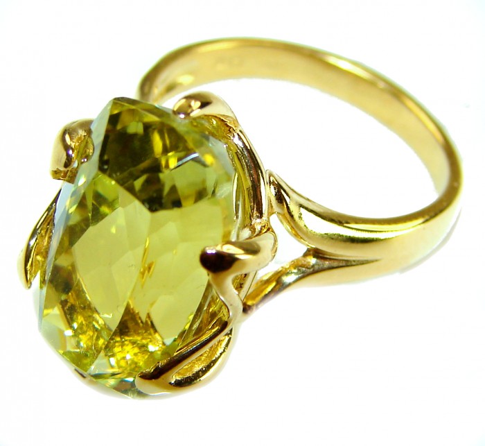 8.8 carat Genuine Lemon Quartz 14K Gold over .925 Sterling Silver handcrafted ring size 7 - Close-up of 8.8 carat lemon quartz ring in 14K gold over sterling silver.