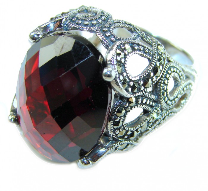 Bella Rosa Natural 33.4 carat Ruby Marcasite .925 Sterling Silver handmade Large Statement Ring size 7 - Close-up of Bella Rosa 33.4 carat Ruby with marcasite and sterling silver.