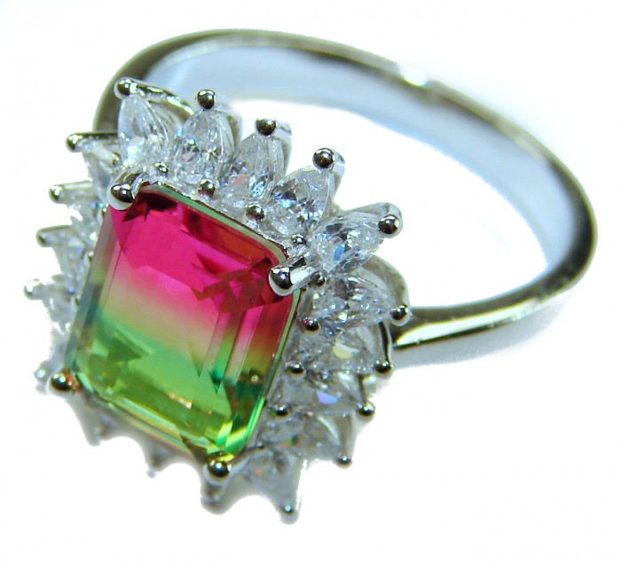 Isabella 5.2 carat emerald cut Brazilian Tourmaline .925 Sterling Silver Perfectly handcrafted Statement Ring size 8 - Close-up of emerald cut Brazilian tourmaline ring with sparkling accents.