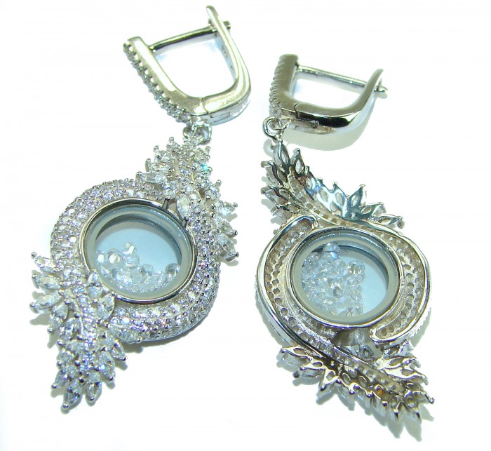 Floating Memories 11.5 carat White Topaz .925 Sterling Silver Handcrafted Statement earrings - Dangling earrings with white topaz, side view, sterling silver detail.