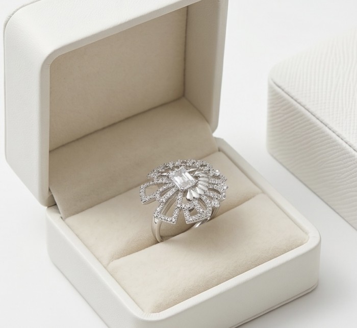 Isabella authentic 6.8 carat White Topaz .925 Sterling Silver handcrafted ring size 8 - Isabella ring in box, top view showing 6.8 carat White Topaz design