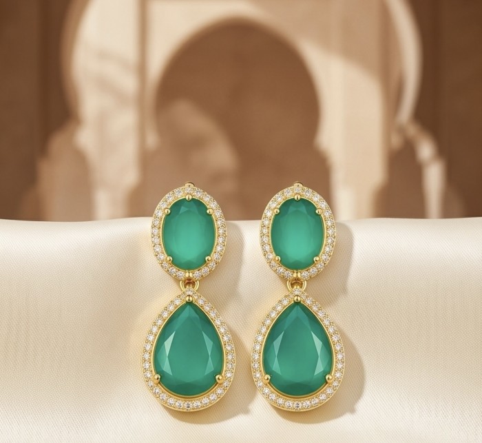 Giovanna - Authentic 10.9 carat COLOMBIAN EMERALD .925 Sterling Silver dipped in 22K Gold handcrafted earrings - Close-up of emerald drop earrings with gold and diamond setting