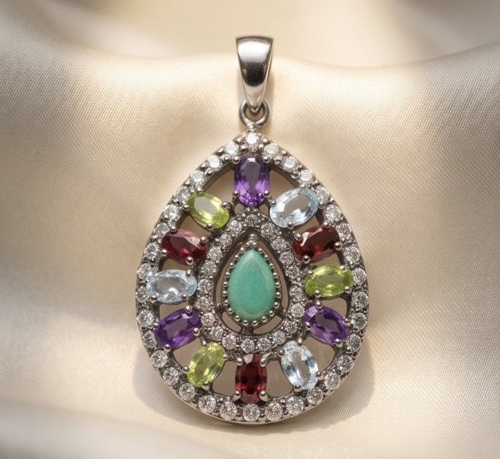 Victorian style - 14.5 carat Authentic Emerald .925 Sterling Silver dipped in black rhodium handcrafted Pendant - Victorian-style emerald pendant with multicolored gemstones, front view.