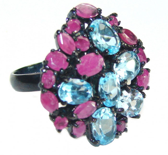 Blue Mystery 19.8 carat oval cut Swiss Blue Topaz black rhodium over .925 Sterling Silver handmade Ring size 7 1/2 - photo 3