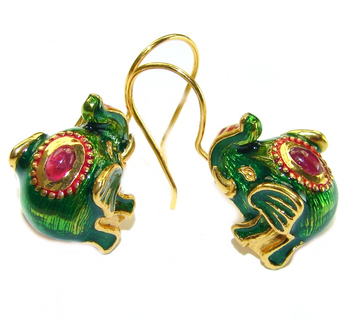 Very Unique Elephants Ruby Enamel 18K Gold over .925 Sterling Silver handcrafted earrings - photo 3