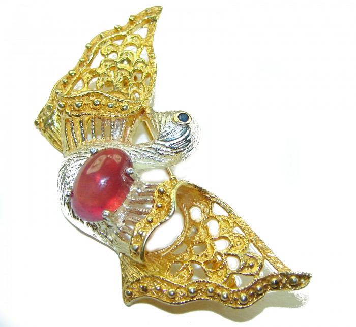 Perfect Swan Ruby 14K Gold over .925 Sterling Silver handmade Pendant Brooch - photo 1