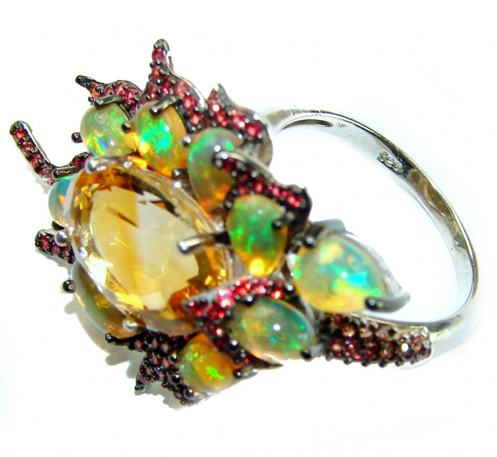 Sublime 7.8 carat Genuine Citrine 11.2 carat Ethiopian Opal .925 Sterling Silver handcrafted ring size 7 1/4 - photo 2