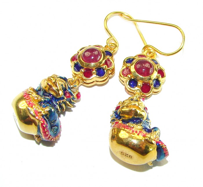 Green Lizards Authentic Ruby Enamel 18K Gold over .925 Sterling Silver handcrafted earrings - Dangling lizard earrings, side view, ruby enamel, gold over sterling silver