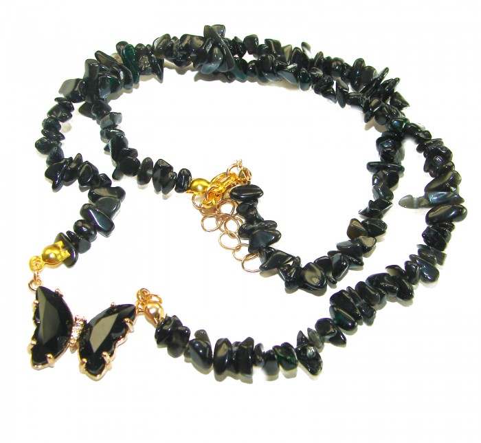 Green Butterfly authentic Onyx 14k Gold over .925 Sterling Silver handcrafted necklace - Green butterfly onyx necklace with gold chain detail, top view.