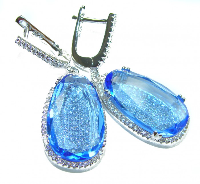 Aqua - Splendid 10.5 carat Swiss Blue Topaz .925 Sterling Silver Handcrafted Earrings - Blue Topaz earrings, front view, showcasing stones and sterling silver.