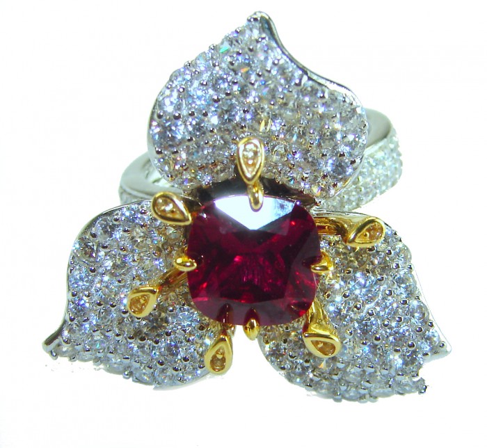 Spectacular Authentic 4.3 carat Ruby 2 tones .925 Sterling Silver handmade Cocktail Ring s. 7 - Orchid design ring with ruby and diamond accents, top view close-up.