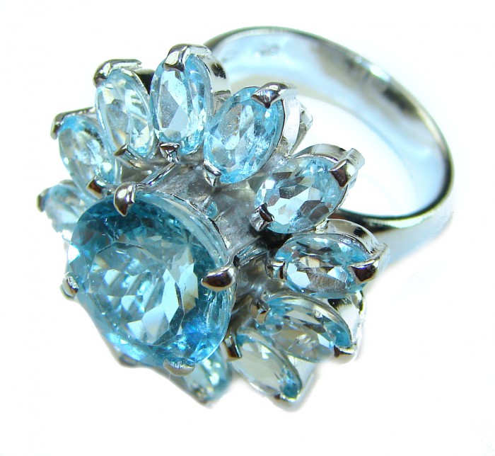 Atlantica 22.7 carat Swiss Blue Topaz .925 Sterling Silver Handcrafted Statement Large ring size 8 - Swiss Blue Topaz ring close-up, 22.7 carat, sterling silver setting.