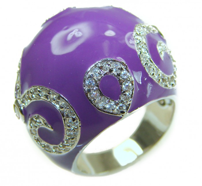 Divine Creation White Jade Enamel .925 Sterling Silver handcrafted Ring s. 8 - Purple enamel and crystal design ring, side close-up