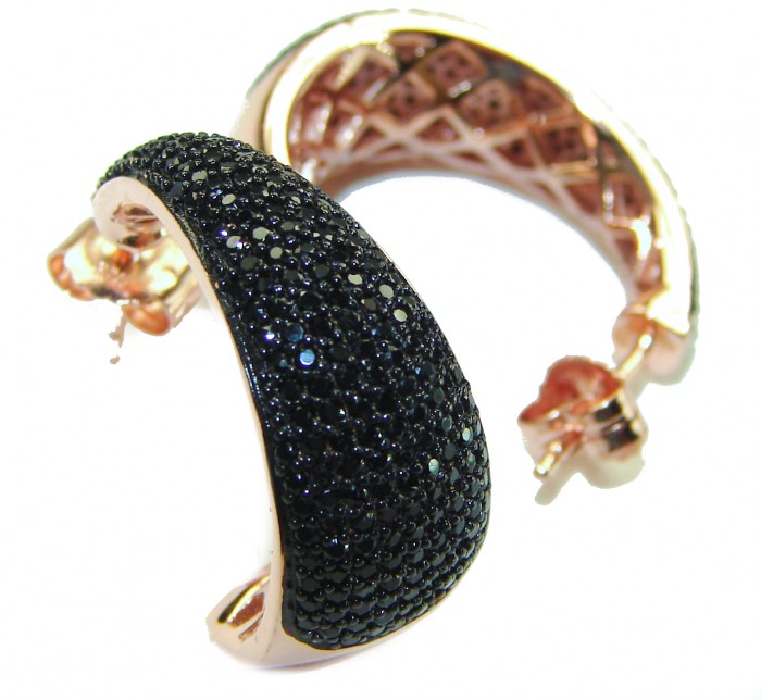 Authentic 6.2 carat Black Diamond 22K Rose Gold over .925 Sterling Silver handcrafted .925 Sterling Silver handcrafted earrings - Close-up of black diamond hoop earrings in rose gold setting.