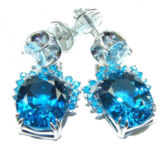 Andrea 24.5 carat London Blue Topaz Aquamarine .925 Sterling Silver handmade earrings - Close-up of Andrea blue topaz aquamarine earrings on white background