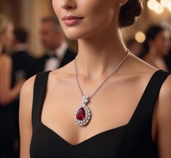 Luxurious 10.8 carat natural Ruby White Topaz .925 Sterling Silver .925 Sterling Silver Statement Necklace - Close-up of a necklace with a luxurious ruby pendant worn at an event.