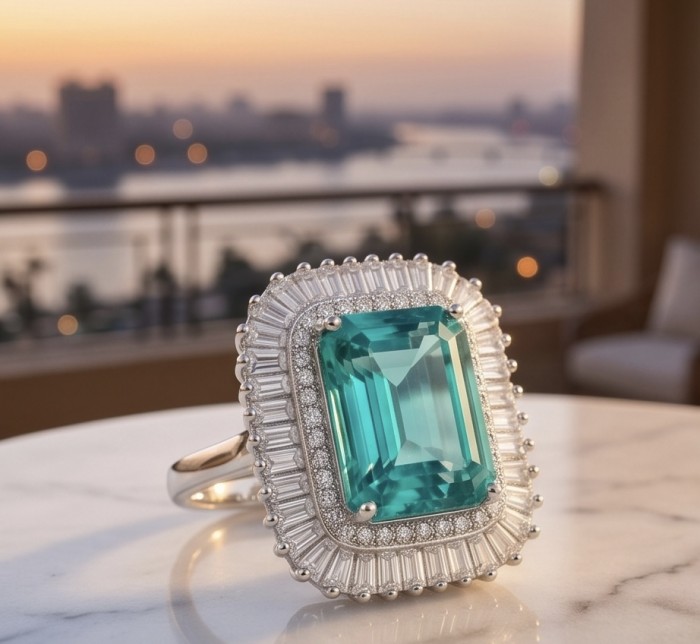 Art Deco emerald cut 10.2 carat Colombian Emerald 7.3 carat White Topaz .925 Sterling Silver dipped in Rhodium handcrafted Ring size 7 1/2 - Close-up of Art Deco emerald ring with diamond halo, sunset backdrop.