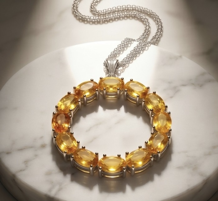 Giovanna - 14.5 carat Natural Citrine rhodium over .925 Sterling Silver handcrafted necklace - Top view of citrine necklace on marble surface