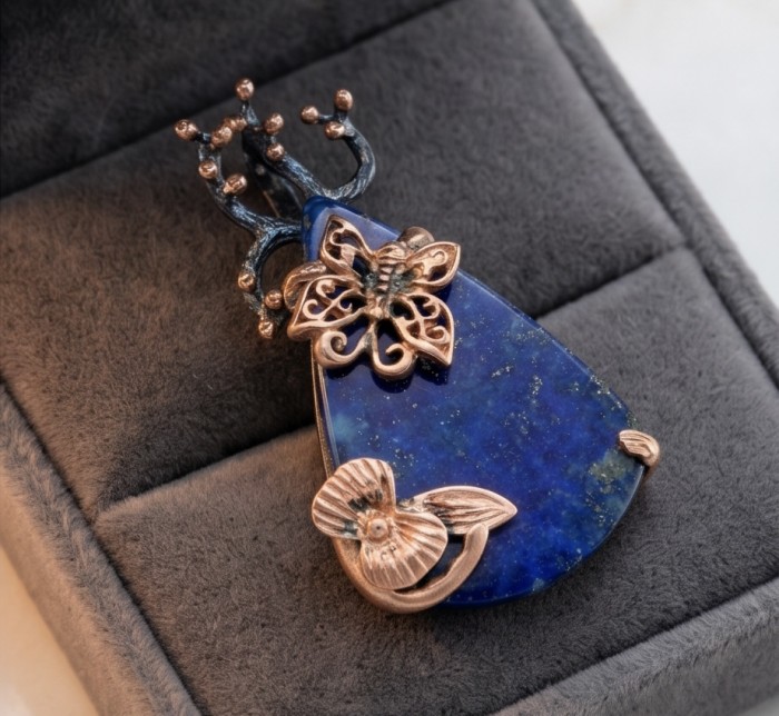 Magic Aurora Lapis Lazuli 14K Rose Gold .925 Sterling Silver handcrafted Pendant - Lapis lazuli pendant in rose gold close-up in a jewelry box.