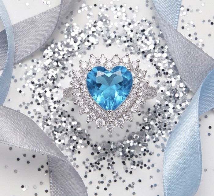 Angel's Heart 4.3 carat Swiss Blue Topaz .925 Sterling Silver dipped in rhodium handcrafted ring size 5 - Heart-shaped blue topaz ring close-up with silver accents and ribbons