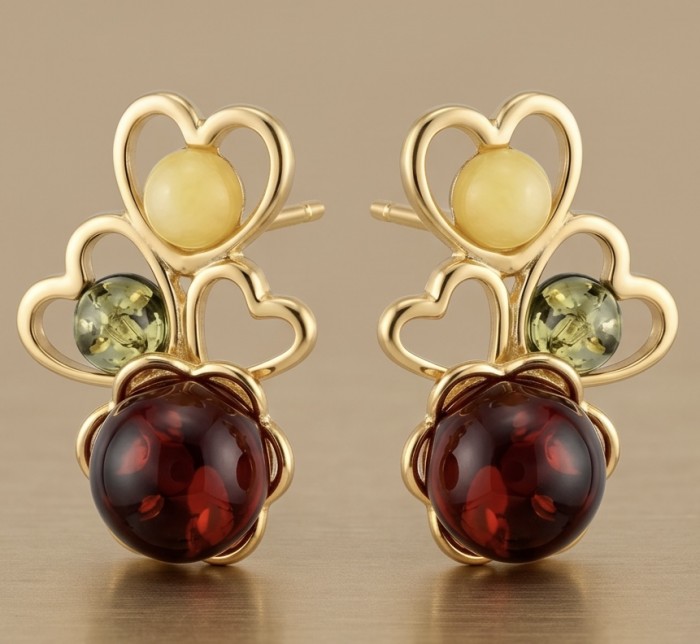 Golden Honey Hearts authentic Baltic Amber 14K Gold over .925 Sterling Silver earrings - Gold earrings with colorful amber stones, front view.
