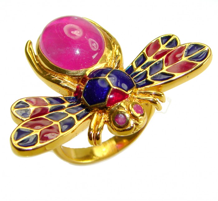 Lucky Bee Enamel 6.2 CARAT Ruby 18K Gold over .925 Sterling Silver Huge handcrafted Ring s. 6 3/4 - photo 3