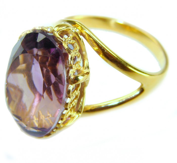 12.2 carat Amethyst 14K Rose Gold over .925 Sterling Silver Handcrafted Ring size 7 - Amethyst ring side view, 12.2 carat stone in 14K rose gold over silver.