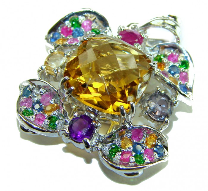 Luxury genuine 18.5 CARAT Champagne Topaz Peridot .925 Sterling Silver handmade Pendant - Close-up of a colorful gemstone brooch with champagne topaz centerpiece.