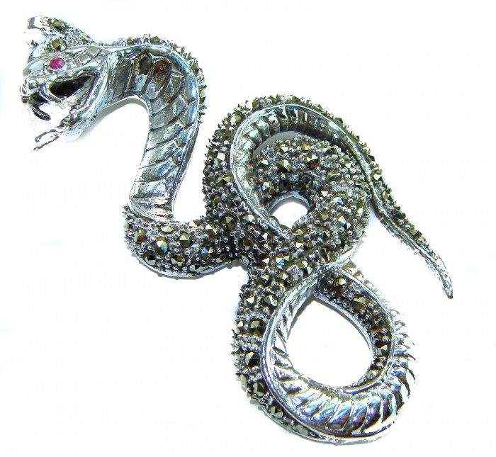 Large 2 5/8 inches long Cobra Snake genuine Marcasite .925 Sterling Silver handmade Pendant - Cobra snake marcasite brooch, top view, intricate silver detailing